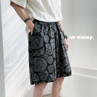 夏季牛仔短裤男潮牌宽松满印笑脸坠感五分裤港风大码痞帅学生中裤 灰绿色 M