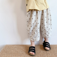 儿童棉麻波点中裤夏季薄款小童沙滩裤圆点女宝宝洋气韩版七分裤子 米色圆点 2127 90cm