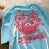 快乐星球爱心小熊短袖t恤女 oversize情侣装夏季糖果色发泡上衣潮 浅蓝色 M