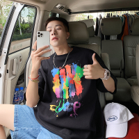 @港仔文艺男 七彩涂鸦印花短袖t恤夏国潮街头宽松潮流百搭休闲tee 黑色 M