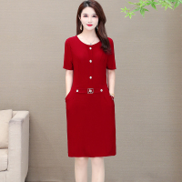 中年妈妈夏装短袖连衣裙显瘦洋气40-50岁2021新款高贵阔太太裙子 酒红色 XL[建议110-125斤]