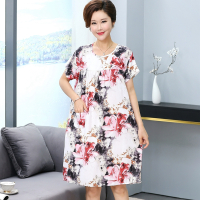 短袖睡裙女夏长裙全棉绸睡衣中老年绵绸连衣裙加大码人造棉家居服 短袖裙-墨伴花语 均码 (100-160斤
