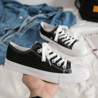 新款春夏季潮搭男鞋透气帆布鞋男韩版涂鸦板鞋男学生休闲低帮鞋子 简约白底黑 35