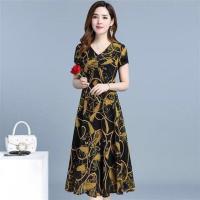 春夏季大码女装碎花连衣裙中老年妈妈装修身显瘦气质减龄阔太太潮 04-黄色 L