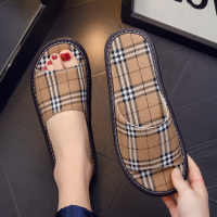 夏季家居室内防滑软底情侣款亚麻布艺四季静音棉麻布凉拖鞋女家用 桂圆黄 24号[适合33-34码]