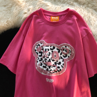 夏季ins潮牌小熊短袖t恤男女oversize上衣宽松复古情侣小众设计感 玫红色 M