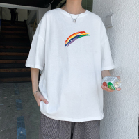 胖胖哥彩虹t恤男夏季新款宽松胖子男装休闲潮流大码上衣情侣衣服 白色 S