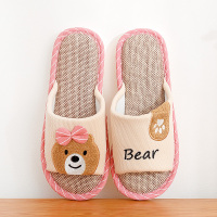 亚麻拖鞋女春夏季家用家居室内地板卡通软底防滑轻便凉拖鞋男2021 粉红(麻底) 35/36[建议35-36码脚穿]