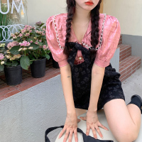 大码法式复古炸街甜酷套装裙女夏2021新款设计感小众蝴蝶结背带裙 粉色衬衫 S码【建议80-90斤】