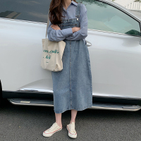 2021春夏新款chic大码胖mm牛仔背带裙宽松中长款减龄洋气连衣裙女 浅蓝色 S码[ 90-100斤]