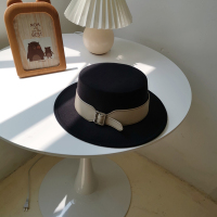 复古毛呢帽英伦帽宽檐平顶小礼帽韩版百搭秋冬帽子潮遮阳帽毛毡帽 黑色-米皮带 M(56-58cm)