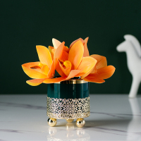 北欧卧室仿真花桌面装饰品摆设家居客厅玄关旁边轻奢高档花艺摆件 橘色慧兰 金属+陶瓷花艺摆
