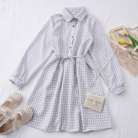 2021秋冬新款复古百搭翻领单排扣收腰显瘦绑带长袖格子连衣裙女 灰色 均码