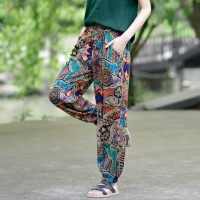 夏季大码棉绸休闲舒适人造棉宽松花色长裤防晒防蚊哈伦裤女灯笼裤 长_E335抽象油画B L