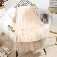 碎花刺绣超仙女A字白色网纱裙高腰中长款半身裙子女春秋夏季新款 杏色-三层蛋糕裙 S