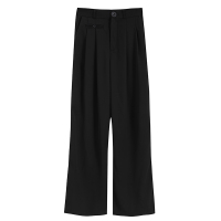 高腰西装阔腿裤女垂坠感直筒休闲裤春季2021新款裤子宽松拖地长裤 黑色 L