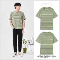 森马短袖T恤男2021夏季新款条纹刺绣上衣圆领套头衫潮流撞色体恤 绿白色调0441 165/84A/S