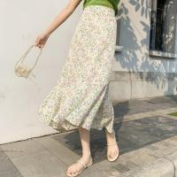 高腰中长款半身裙2021春款小清新包臀裙碎花雪纺裙子小个子鱼尾裙 鹅黄淡绿小草 6889 S