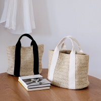 日常 休闲草编包饭盒袋子手提便当包户外度假沙滩包野餐手拎袋 草编米色 白袋