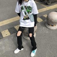 春夏季嘻哈高街破洞牛仔裤韩版显瘦紧身黑色小脚百搭ins牛仔裤女 黑色破洞 2XL