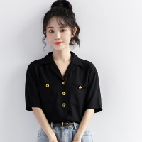 2021夏季新款复古港风黑色衬衫女设计感小众短袖衬衣polo翻领上衣 黑色 S