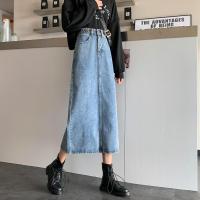 大码胖mm牛仔半身裙女春秋季中长款包臀高腰a字开叉显瘦百搭裙子 浅蓝色 S码【 90-100斤】