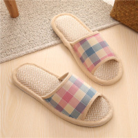 亚麻拖鞋女夏凉拖鞋情侣地板夏天室内居家居棉布春秋四季拖鞋男士 格子粉色 36-37适合35-36的脚