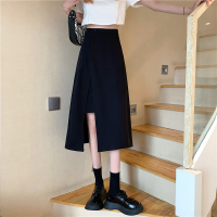 开叉半身裙女夏2021新款大码女装胖mm春秋设计感小众显瘦黑色裙子 黑色 S码【 80-100斤】