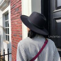 姚叔叔/英式幽默~神秘黑色皮带扣毛呢大檐爵士帽平檐礼帽子女秋冬 神秘黑色 M(56-58cm)