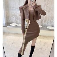 不规则设计感咖色抹胸连衣裙女镂空露腰别致裙子秋装短款西装外套 抹胸裙 S