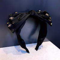 新品气质水晶水钻大蝴蝶结发箍宽边丝绸发卡韩国外出头箍时尚发饰 黑色