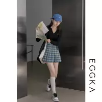 EGGKA元气少女格子百褶裙女学院风高腰显瘦短裙a字半身裙2021春秋 孔雀蓝 S 模特码