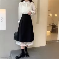 黑色高腰开叉半身裙女大码胖mm中长款春秋a字裙子夏季蕾丝仙女裙 黑色 S [80-100斤]