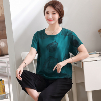 妈妈中老年人睡衣女夏棉绸短袖两件套装大码宽松人造棉外穿家居服 墨绿圈圈黑裤 L[80-100斤]