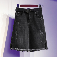 胖妹妹大码遮胯牛仔半身裙女春夏新款高腰弹力显瘦A字包臀短裙子 黑色 8868送黑色皮腰带 S码[ 90-100斤]