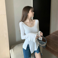 开叉不规则长袖t恤女秋季宽松上衣女薄款2021年新款体恤白色ins潮 白色 S