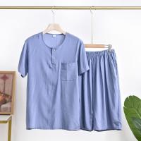 男士棉绸睡衣2021夏薄款短袖套装宽松套头人造棉家居服长裤两件套 浅蓝短裤款 2XL(100-130斤)