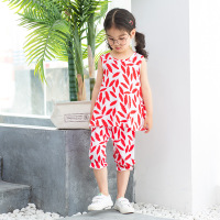 夏季新品女童背心裙套装儿童棉绸背心过膝短裤人造棉家居服两件套 231红色树叶套装 吊牌100建议身高90