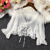 女士防晒短外套2021年夏新品薄款超仙披肩式上衣配裙子的气质小衫 白色 S