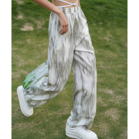 绿色扎染阔腿休闲裤女春秋薄款裤子高腰垂感宽松显瘦直筒拖地长裤 绿色扎染 S