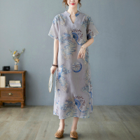 棉麻连衣裙女夏2021新品宽松大码洋气V领气质印花改良旗袍中长裙 扇子花 收藏加购优先发货 M【90-110斤】
