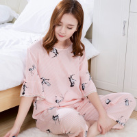 夏棉绸睡衣女短袖长裤绵绸韩版可爱薄款宽松时尚人造棉家居服大码 中袖长裤桔条仙鹤 XXL(135-150斤)