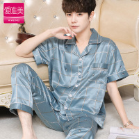 冰丝睡衣男夏天短袖薄款丝绸家居服男式大码宽松春夏季两件套装 XY男士-青绿色线条英文-短长 L码