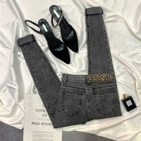 烟灰色牛仔裤女高腰显瘦秋季2020新款修身显瘦豹纹九分紧身小脚裤 烟灰色九分 27