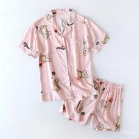 新疆棉睡衣女夏绵绸短袖短裤夏季冰丝衬衫领前扣爱心人造棉家居服 粉小熊 M(90-105斤)