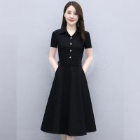 长袖连衣裙女收腰显瘦2021年秋季新款时尚流行中长款气质减龄裙子 黑色[短袖无腰带款] M