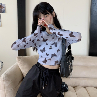 泫雅风防晒衣冰丝长袖t恤女夏季短款辣妹上衣修身内搭网纱打底衫 蓝底黑蝶 S