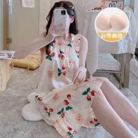 睡裙女夏季冰丝吊带胸垫性感可爱睡衣韩版薄款短袖丝绸家居服樱桃 JDX-802#(带胸垫) M(80-100斤)