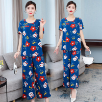 夏季棉绸短袖长裤家居服睡衣可爱大码薄款春秋人造棉阔腿裤两件套 爱心花花兔 XL