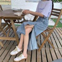 大码胖mm中长款开叉牛仔半身裙女2021春秋新款高腰显瘦包臀a字裙 浅蓝色 S码[ 90-100斤]